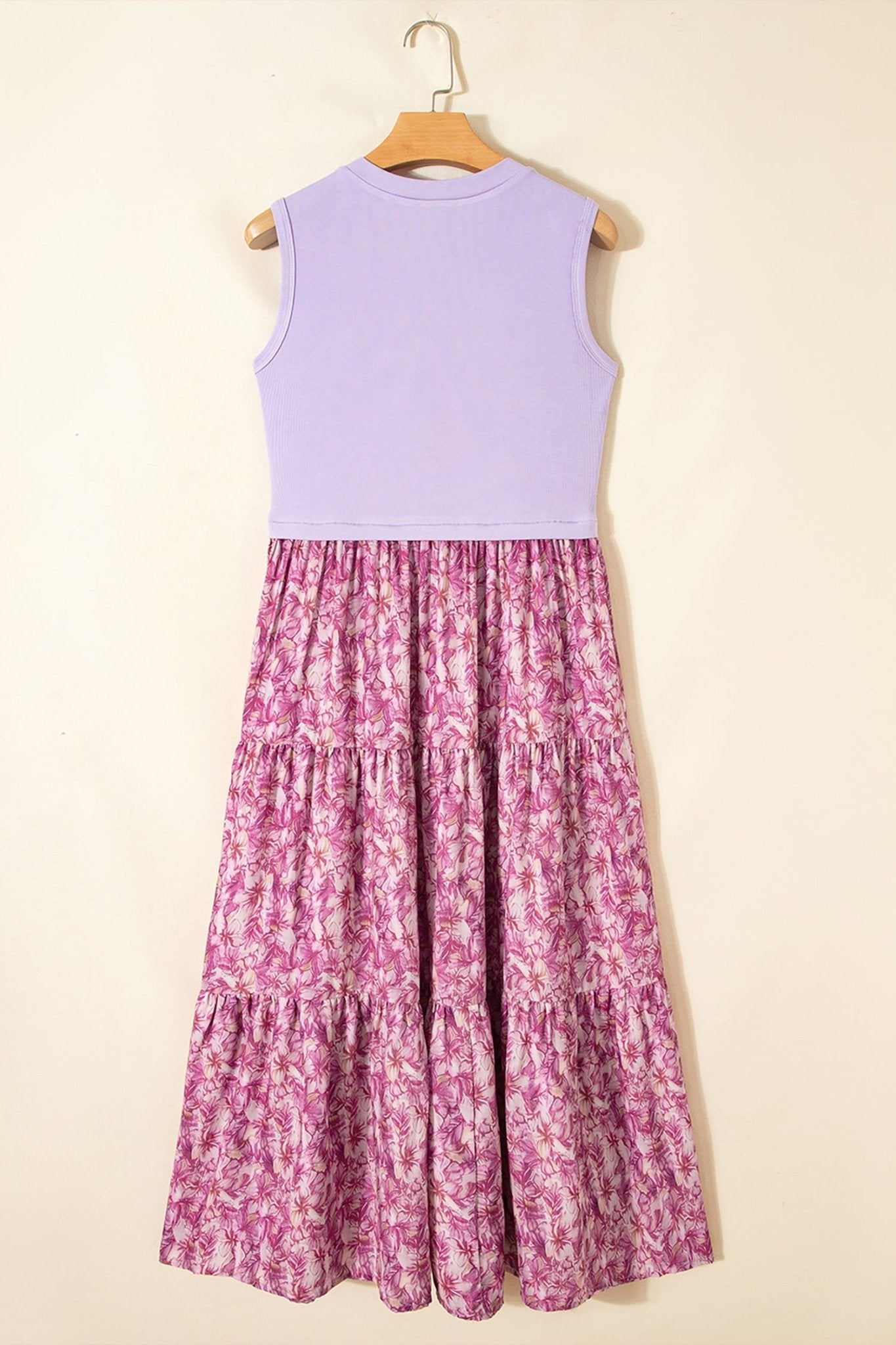 Purple Ribbed V Neck Tank Floral Contrast Patchwork Long Dress - Loving It Shop