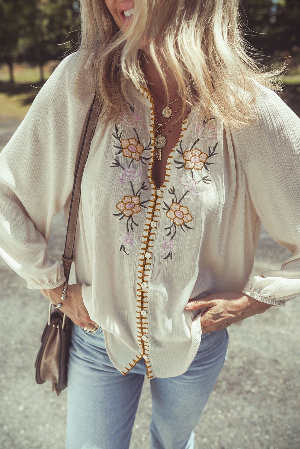 Beige Floral Embroidered Textured Puff Sleeve Loose Shirt - Loving It Shop