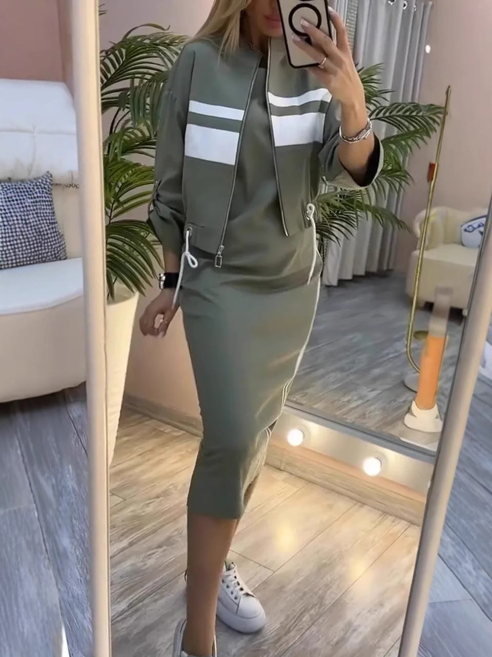 Casual Zipper White Stripe Edge Jacket Coat Dress Women&