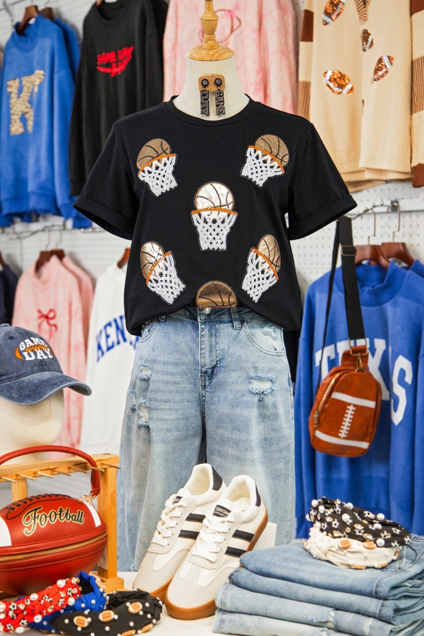 Black Sequin Basketball Patched Graphic Game Day T Shirt - Loving It Shop