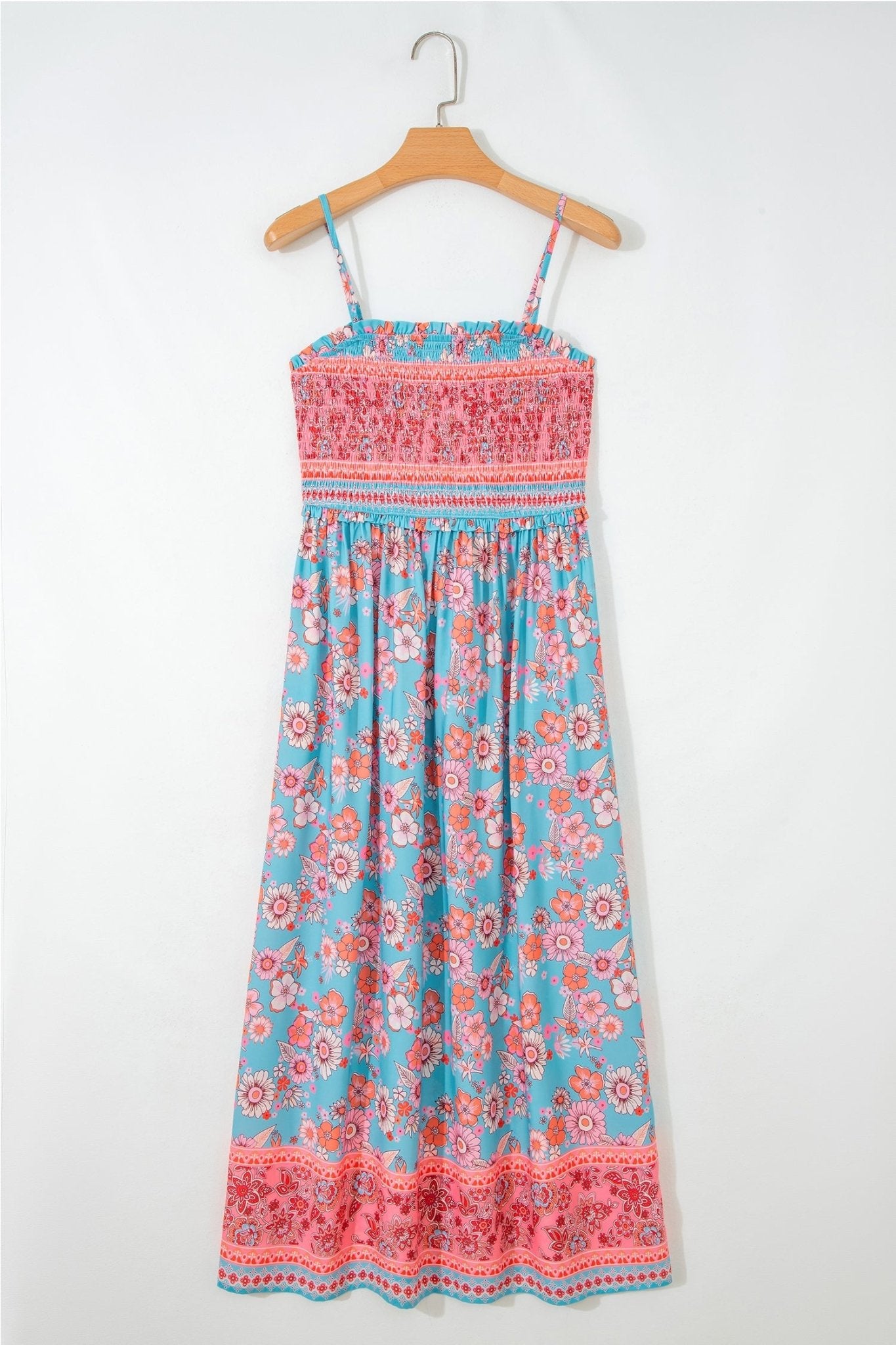 Sky Blue Bohemian Ethnic Print Spaghetti Straps Vacation Maxi Dress - Loving It Shop
