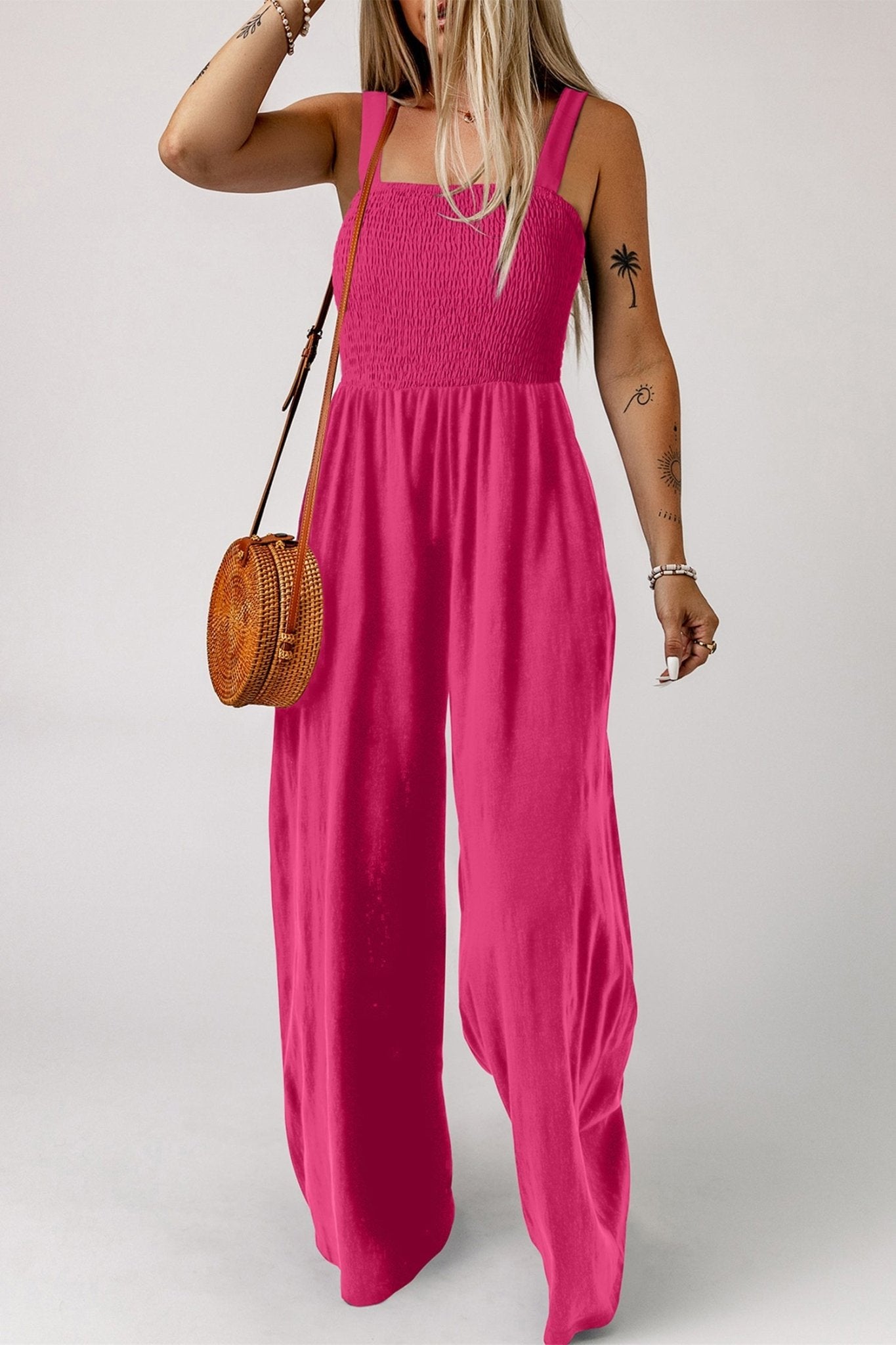 Rose Red Smocked Square Neck Sleeveless Jumpsuit with Pockets - Loving It Shop