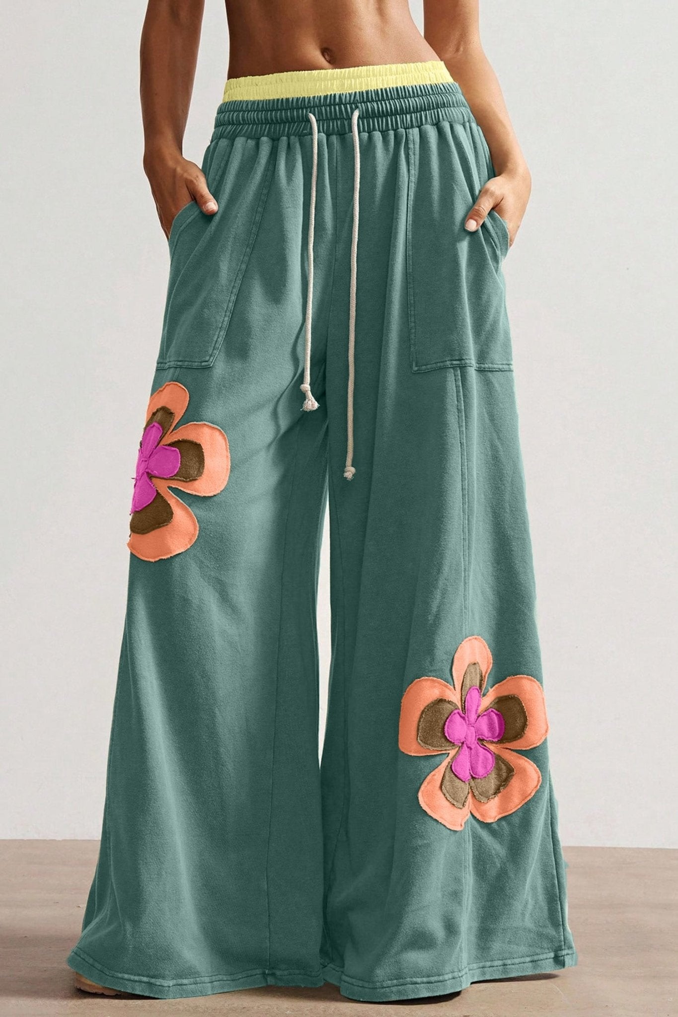 Sea Green Color Block Flower Patchwork Drawstring Contrasted Elastic Waist Wide Leg Pants - Loving It Shop