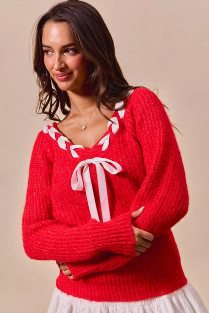 Satin Tape Braided Ribbon Tie V Neck Sweater
