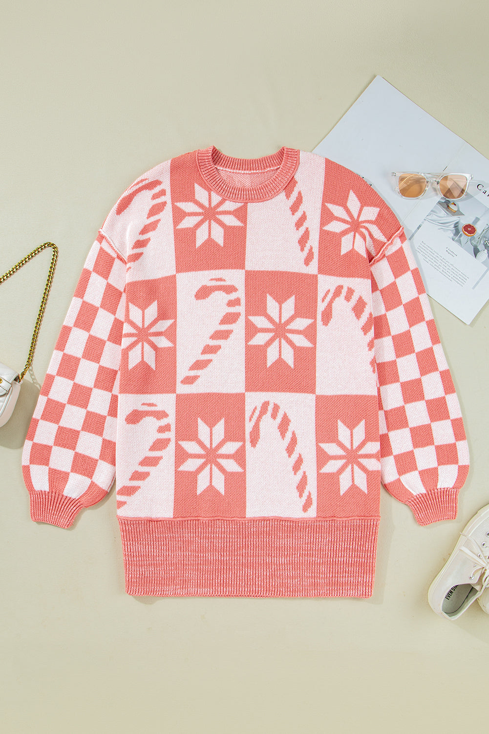 Pink Candycane Snowflake Checker Christmas Holiday Drop Shoulder Tunic Loose Sweater