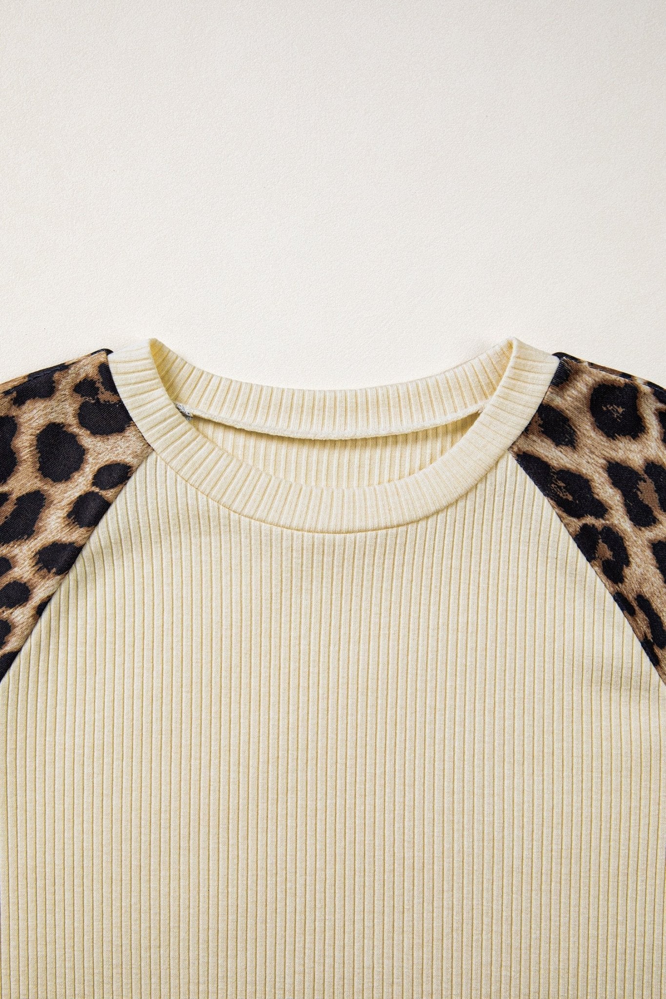 Apricot Ribbed Color Block Leopard Contrast Sleeve Loose Tee - Loving It Shop