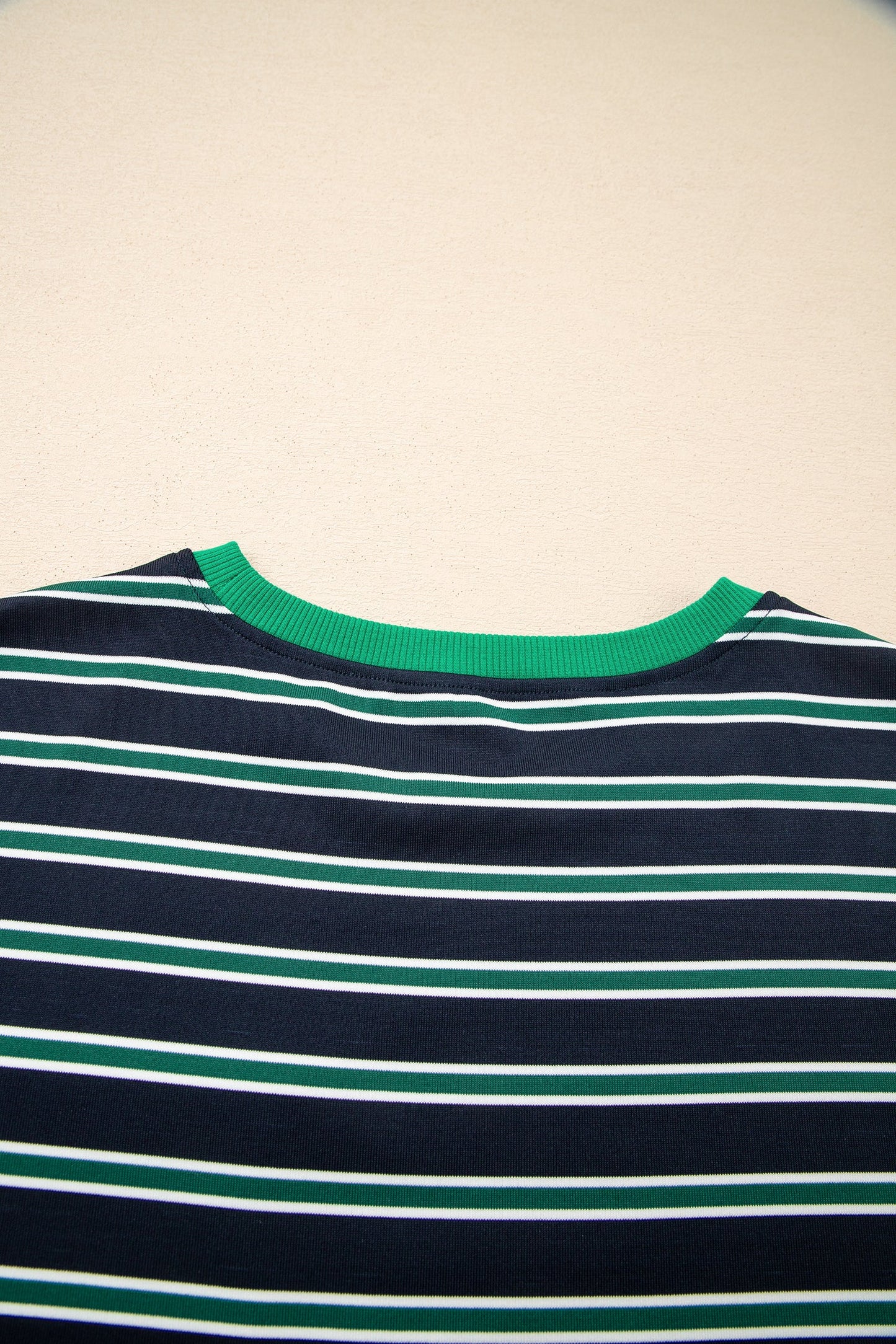 Green Stripe Ribbed Color Block Patchwork Crew Neck Patch Pocket Long Sleeve Top