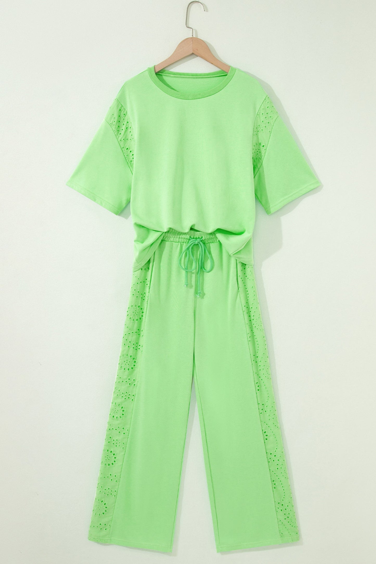 Light Green Lace Patchwork Half Sleeve Top Elastic Waist Pants Two Piece Set