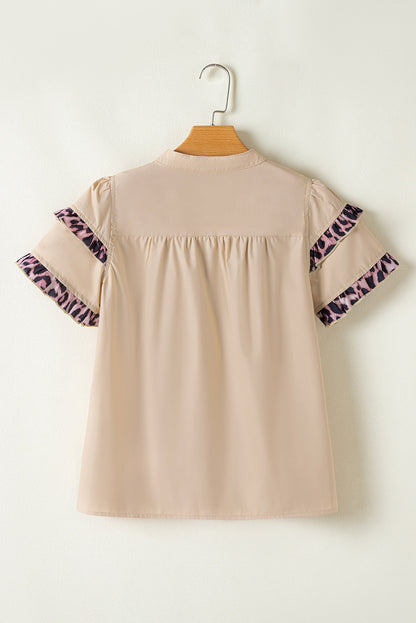 Smoke Gray Leopard Ruffles Trim Tiered Short Sleeve Blouse