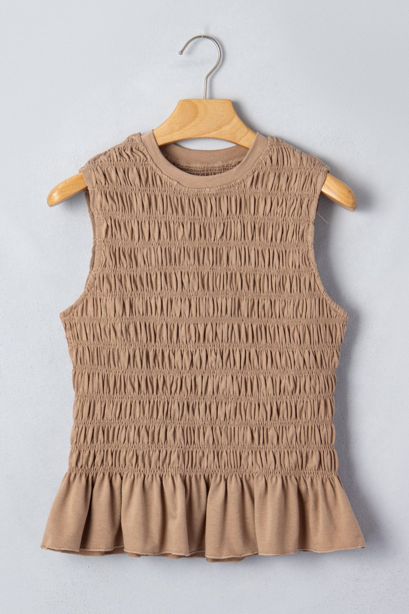 Smoke Gray Shirred Slim Fit Ruffle Hem Tank Top - Loving It Shop