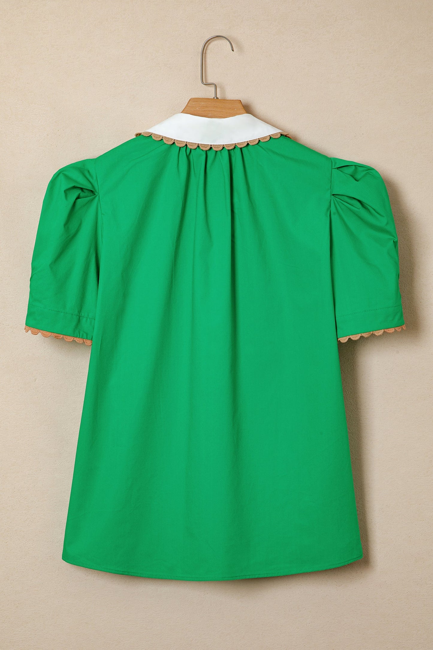 Bright Green Ricrac Trim Color Block Patchwork Shirt Collar Short Sleeve Blouse