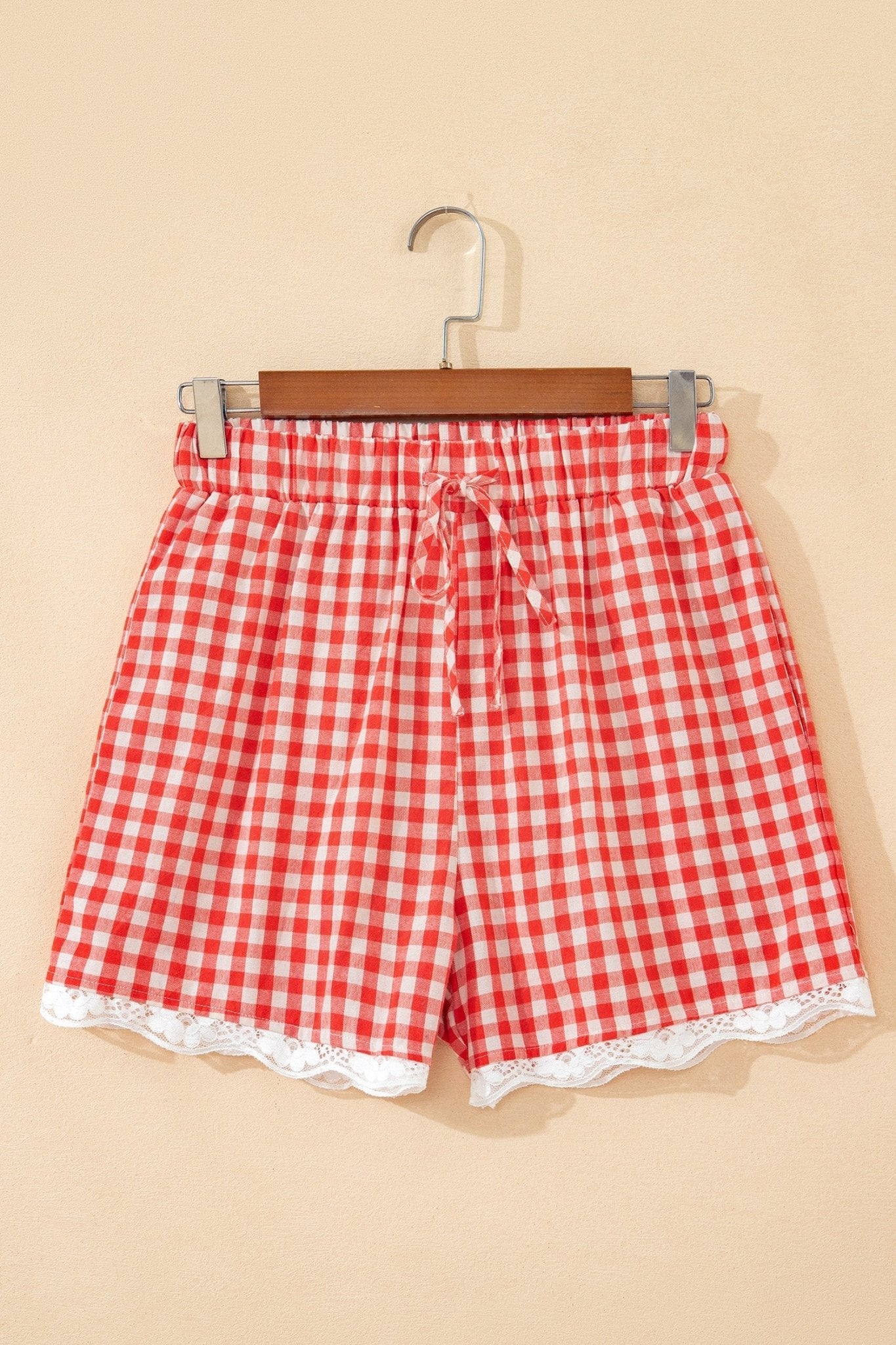 Red Gingham Plaid Tie Elastic Waist Lace Patchwork Hem Casual Shorts - Loving It Shop