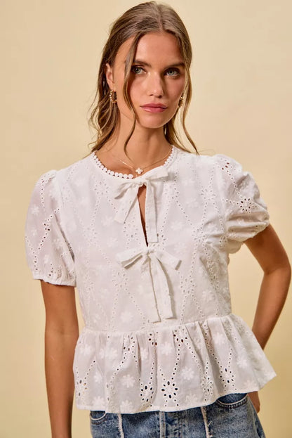 Cotton Eyelet Front Tie Short Sleeves Blouse