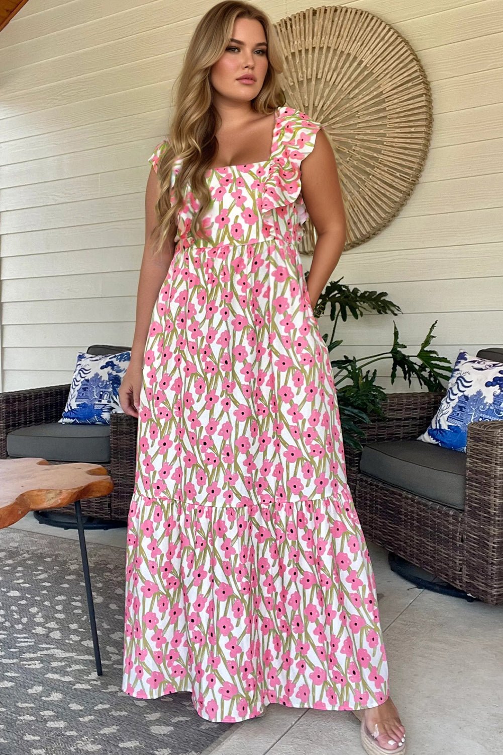 Pink Plus Size Ruffle Trim Square Neck High Waist Floral Maxi Dress - Loving It Shop