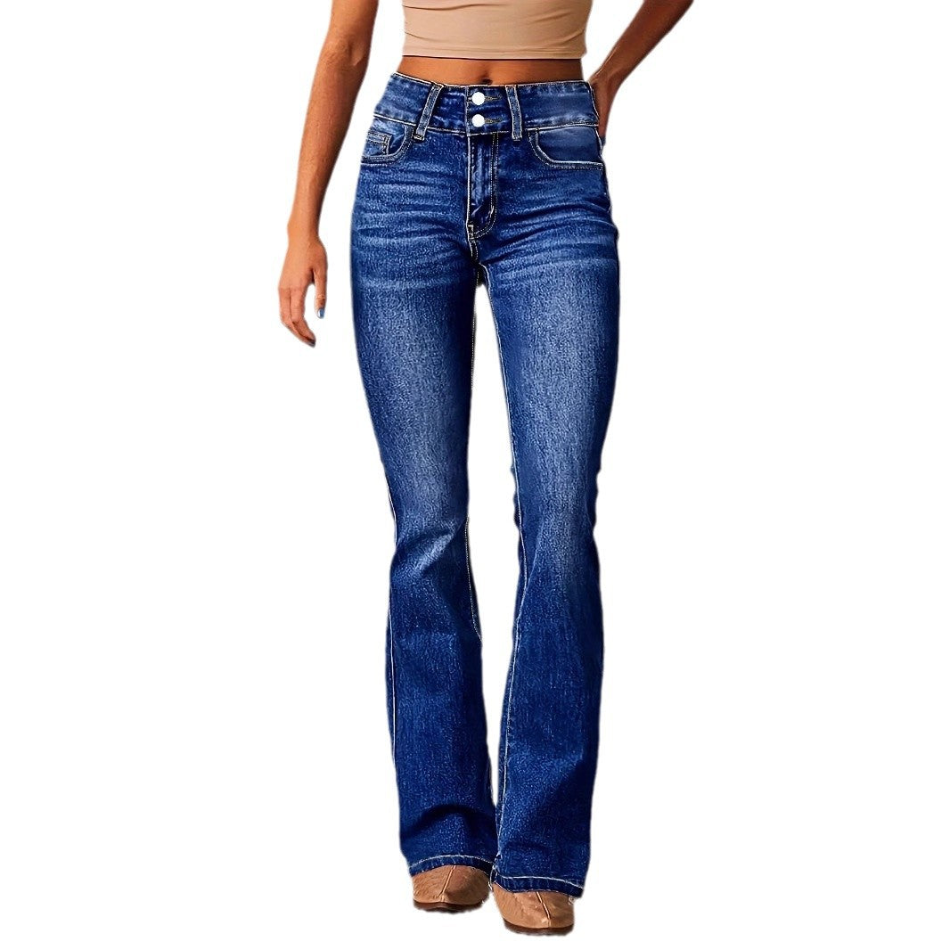 Skinny Flared Jeans With Pockets Fashion Button Zipper Trousers Women&