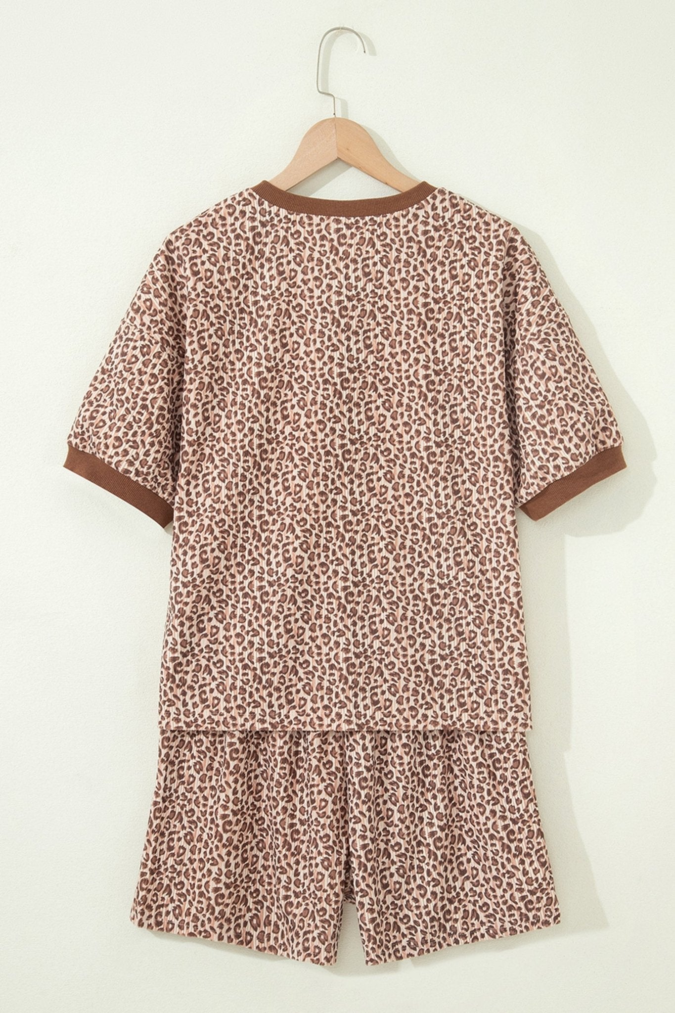 Brown Leopard Print Ribbed Patchwork Half Button Loose Tee Elastic Waist Short 2pcs Set - Loving It Shop