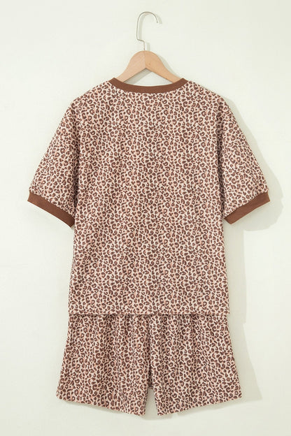 Brown Leopard Print Ribbed Patchwork Half Button Loose Tee Elastic Waist Short 2pcs Set - Loving It Shop