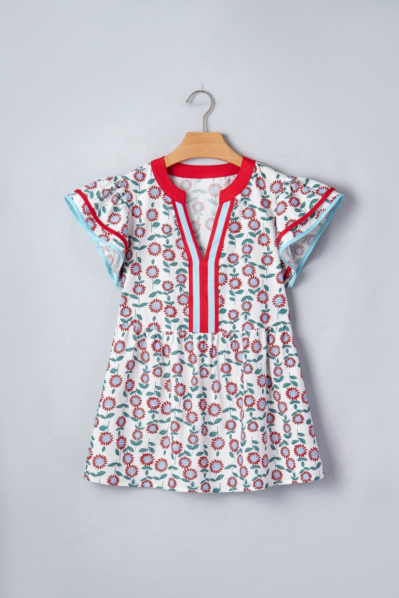 Red Sunflower Printed Contrast Trim V Neck Flutter Sleeve Blouse - Loving It Shop
