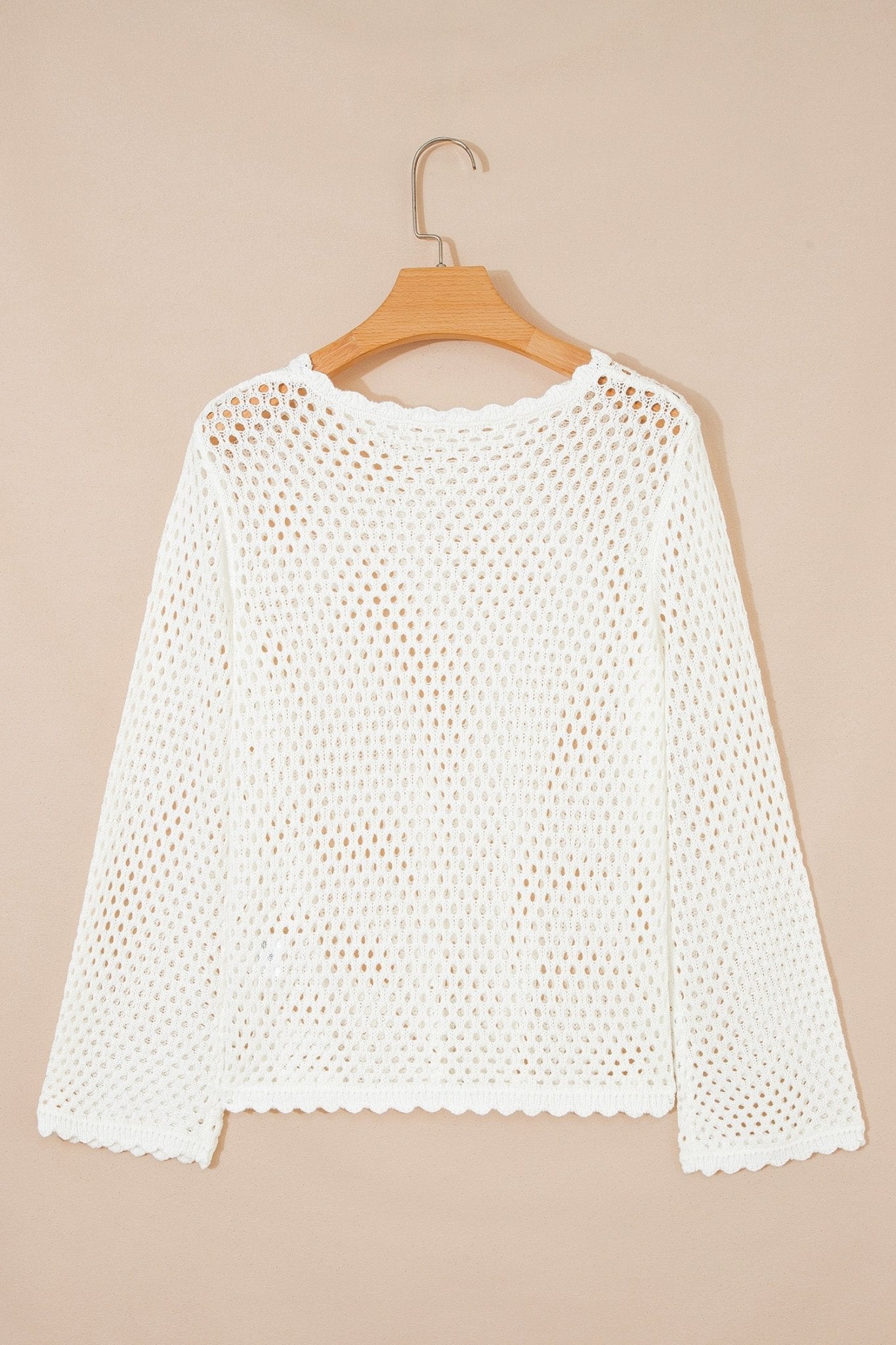 White Scalloped Trim Hollow Out Knit Long Sleeve Top - Loving It Shop