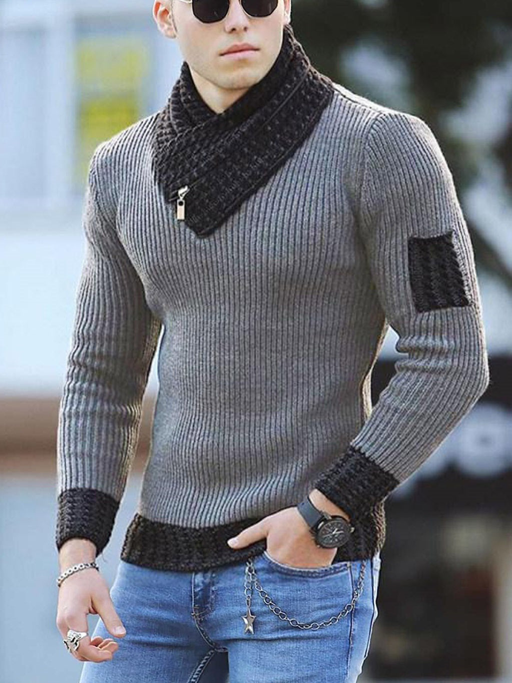 Independent Station Casual Slim Knit Pullover Long-sleeved Scarf Collar Sweater Men&