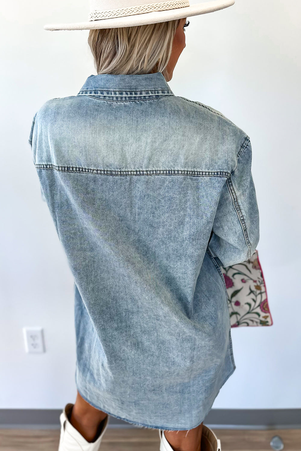 Beau Blue Chest Pocket Raw Hem Denim Loose Shirt Dress