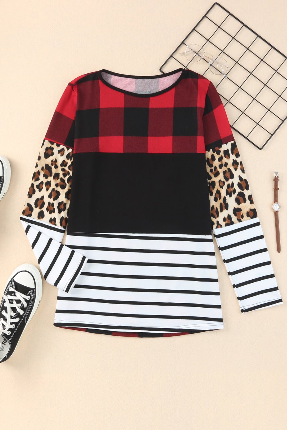 Plaid Print Leopard Splicing Striped Color Block Long Sleeve Top - Loving It Shop