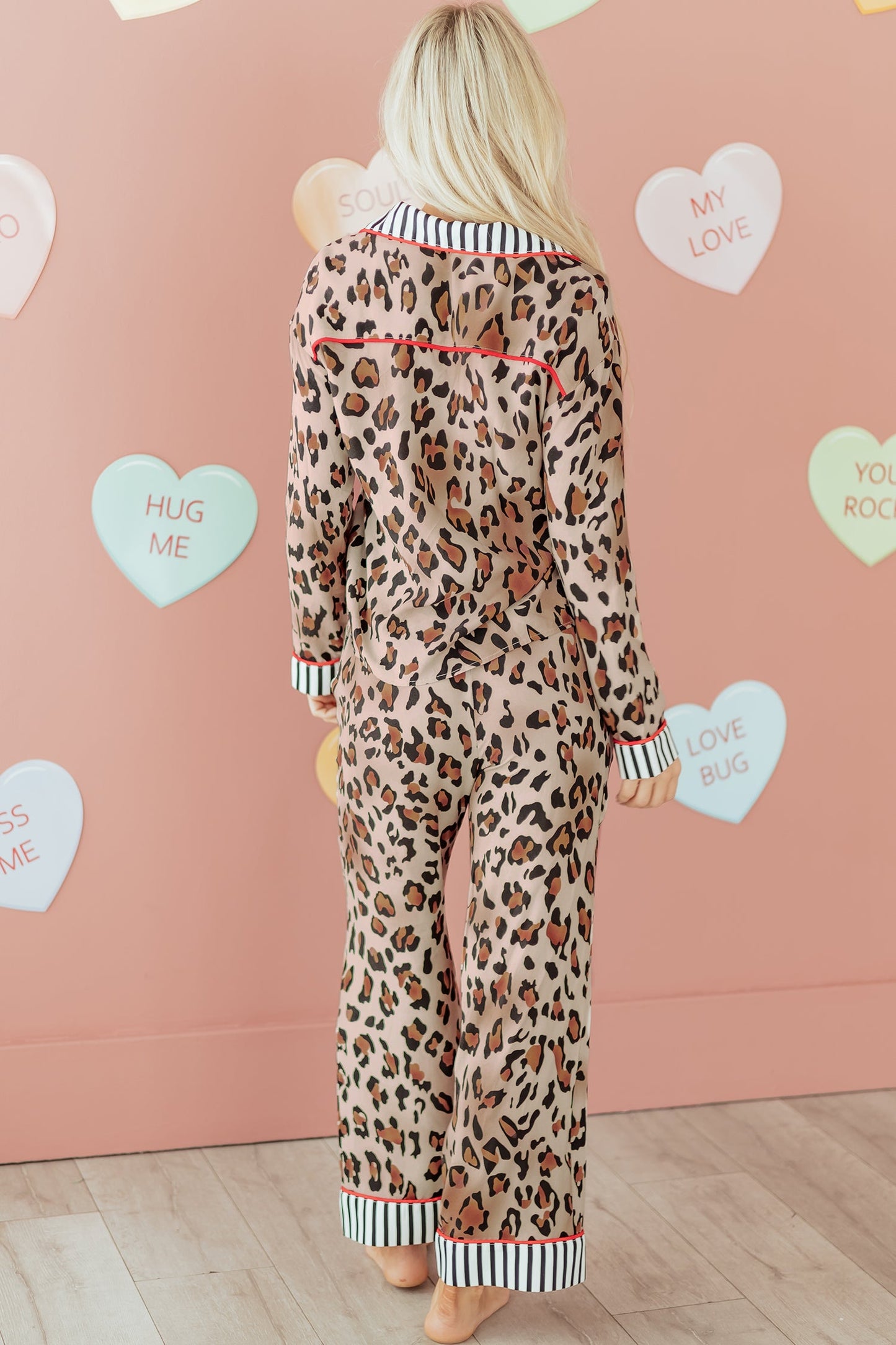 Khaki Leopard Print Colorblock Striped Edge Shirt and Pants Pajama Set