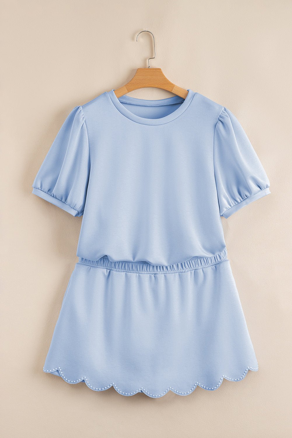 Beau Blue Puff Sleeve Pearl Embellished Scallop Trim Top 2 Piece Skort Set - Loving It Shop