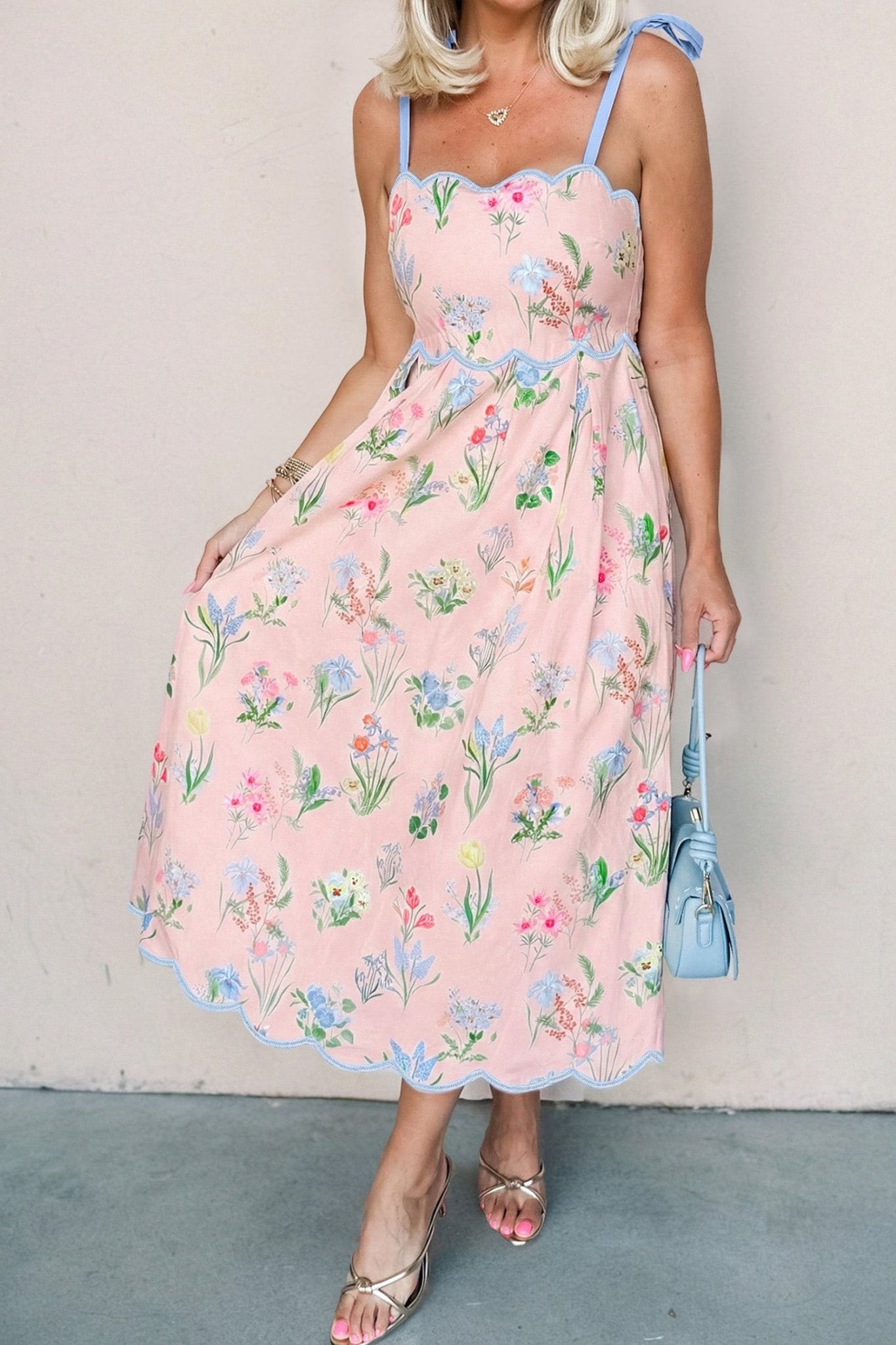 Pink Floral Print Contrast Trim Self - tie Straps High Waist Midi Dress - Loving It Shop