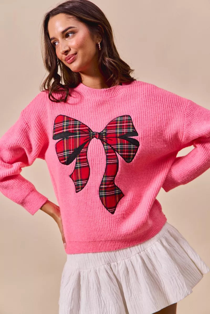 Checker Plaid Ribbon Christmas Holiday Sweater