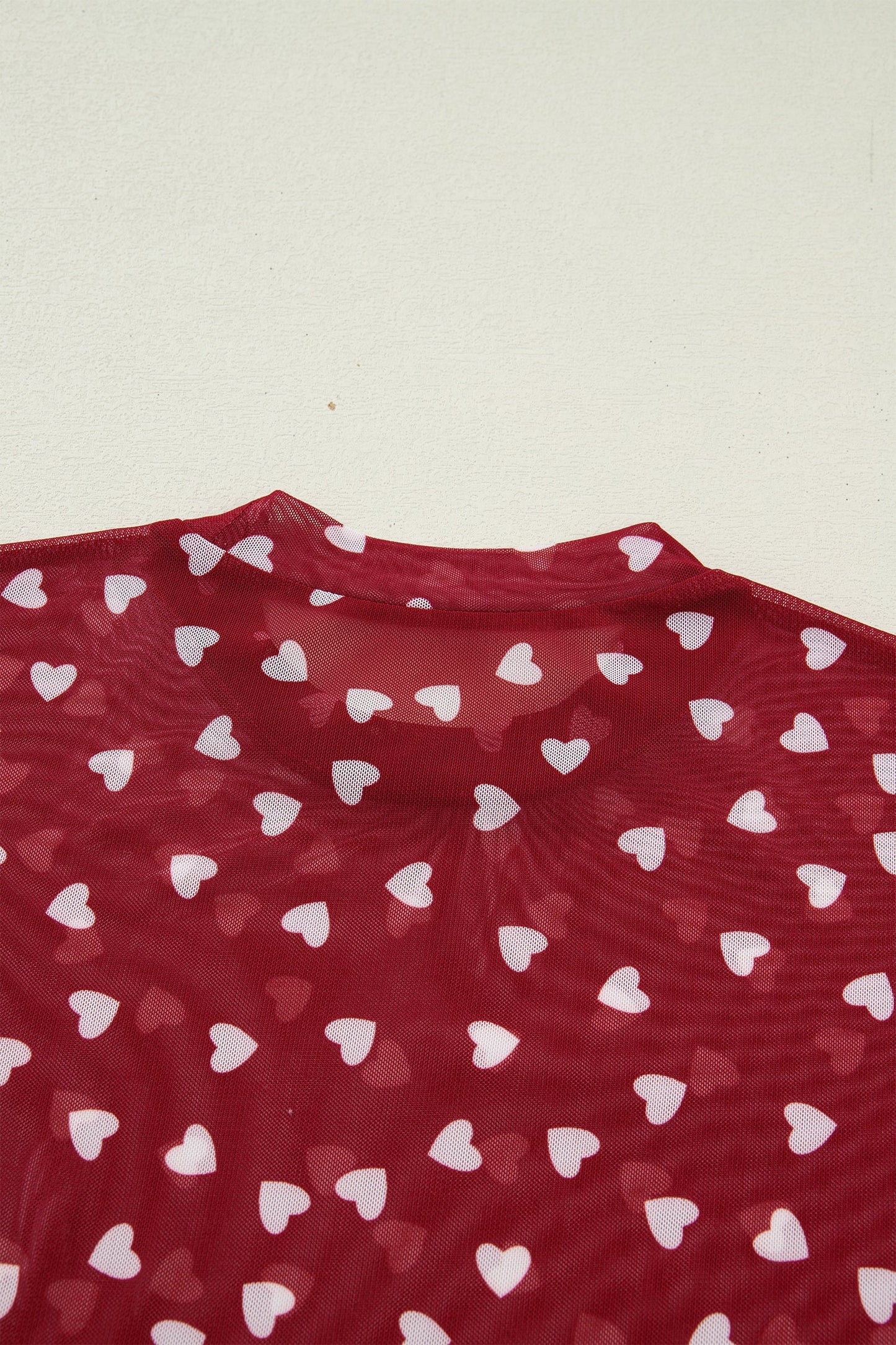 Racing Red Allover Heart Print Mesh Short Sleeve Top