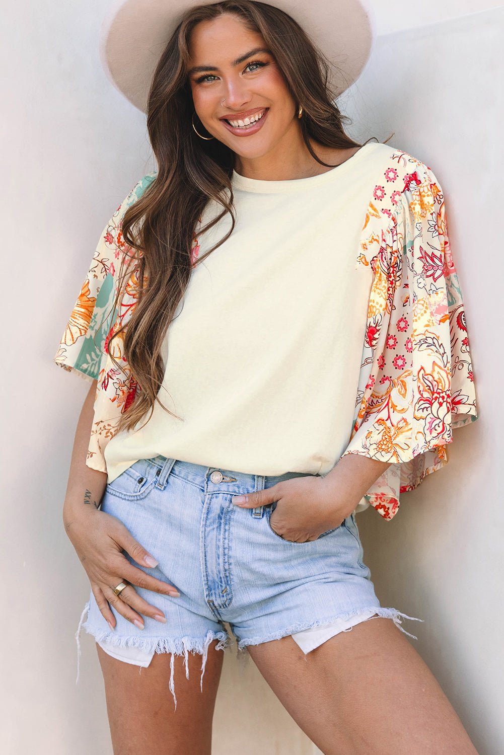 Beige Floral Patchwork Half Batwing Sleeve Blouse - Loving It Shop