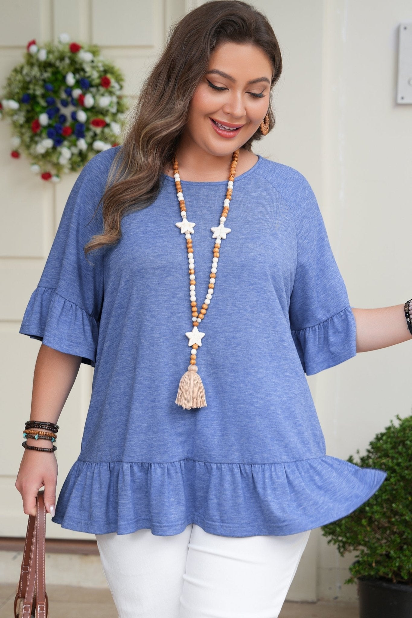 Dusk Blue Ruffled Short Sleeve Plus Size Casual Blouse - Loving It Shop