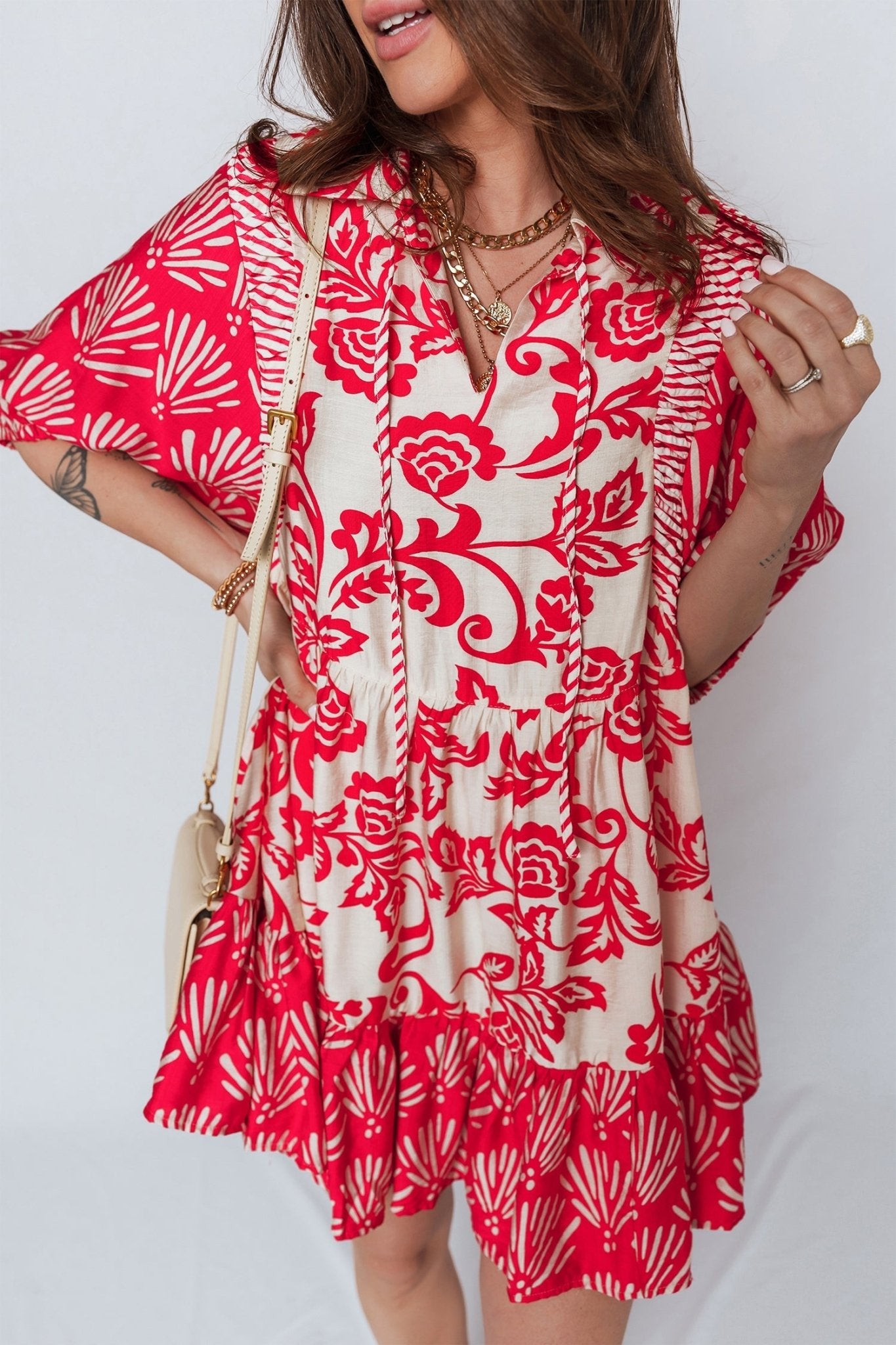 Red Collared V Neck Half Sleeve Loose Flower Mini Dress - Loving It Shop