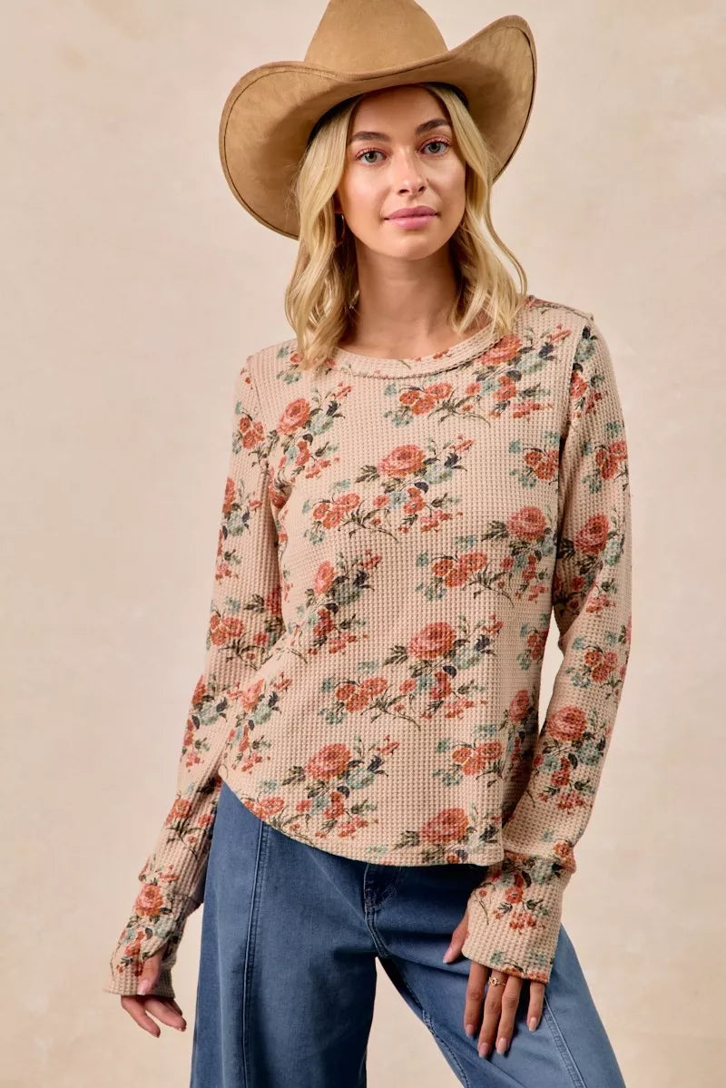 Floral Print Washed Waffle Thermal Top with Thumb