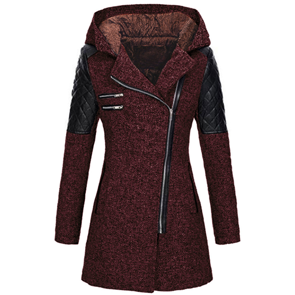 Women Warm Slim Full Zipper Coat Thick Woolen Coat Female Fall Winter Windbreaker Hooded Diagonal Zipper Women&