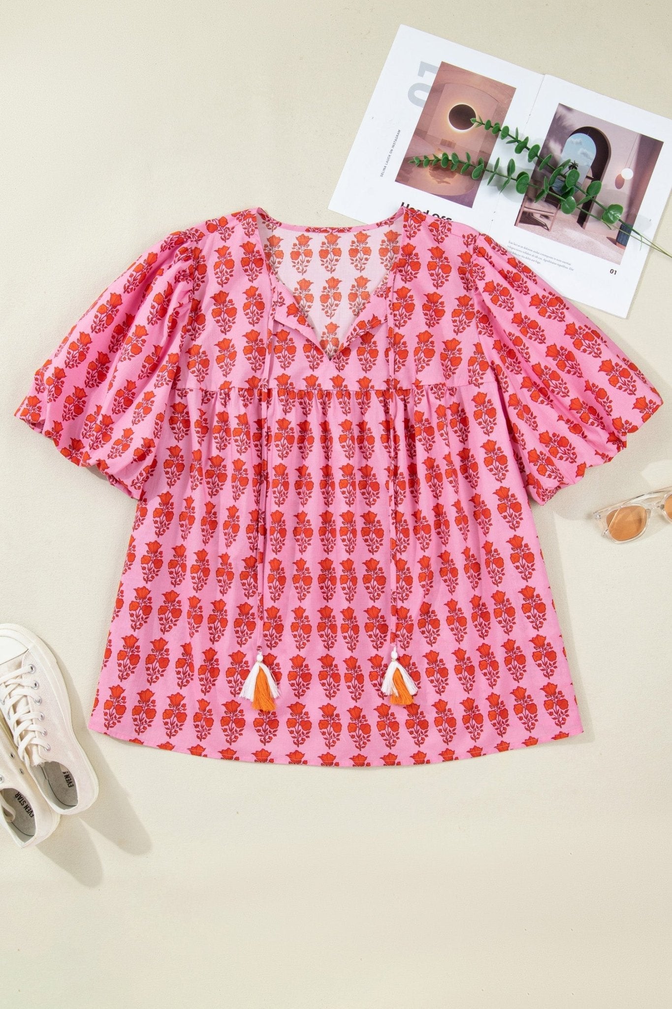 Pink Plus Size Floral Print Tassel Tie Puff Sleeve Cotton Blouse - Loving It Shop
