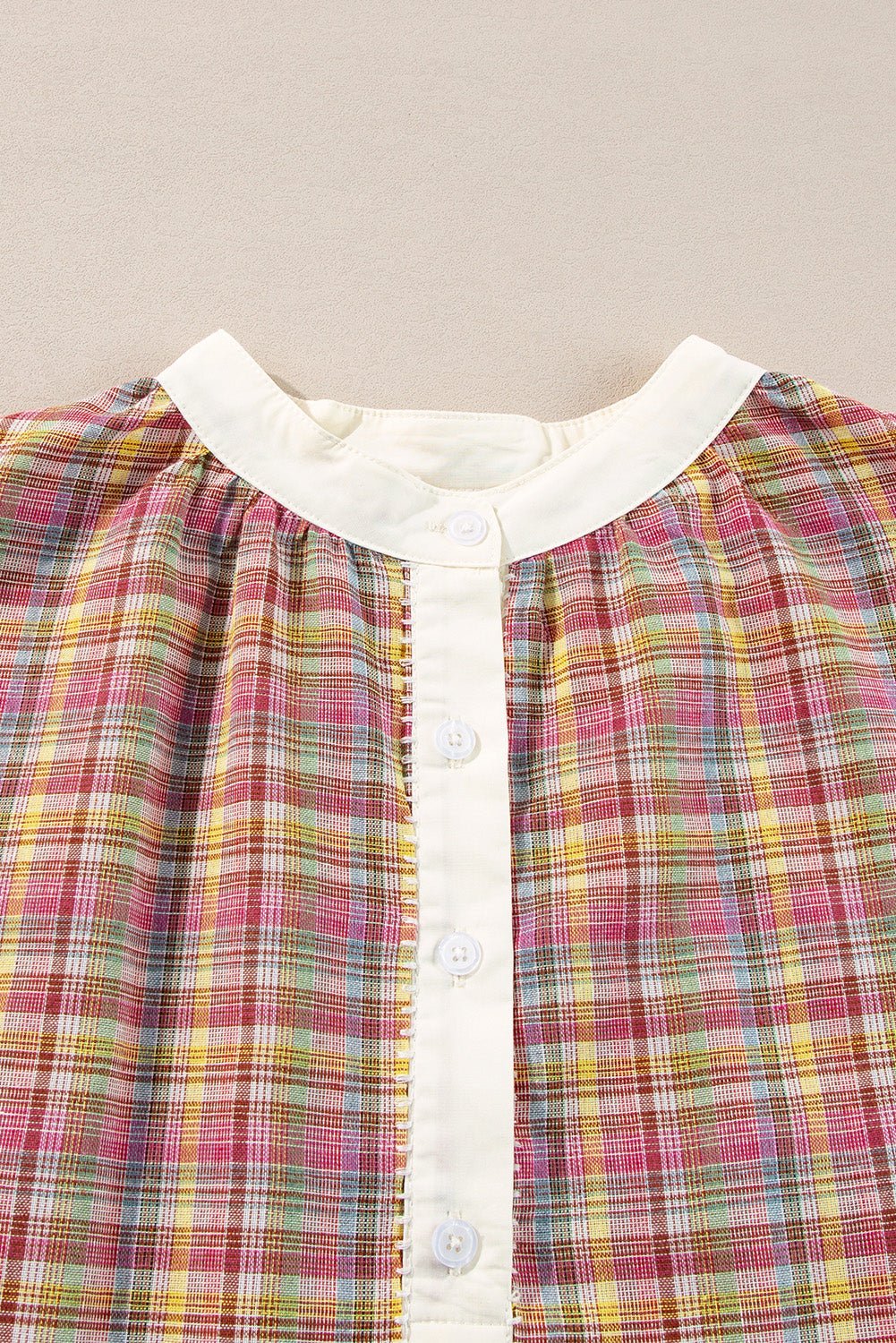 Pink Colorblock Plaid Patchwork Henley Blouse - Loving It Shop