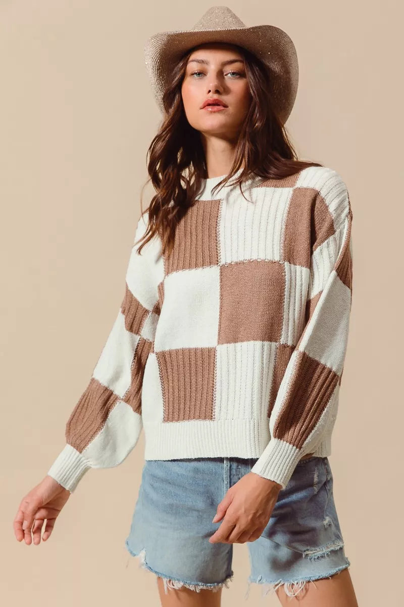 Ribbed Color Block Checkered Plaid Sweater