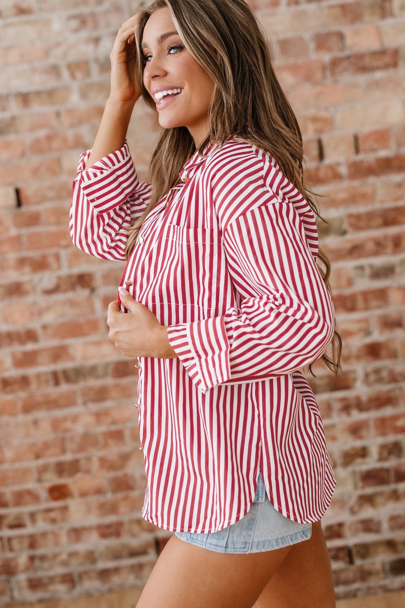 Red Stripe Patched Pocket Side Slit Loose Shirt - Loving It Shop