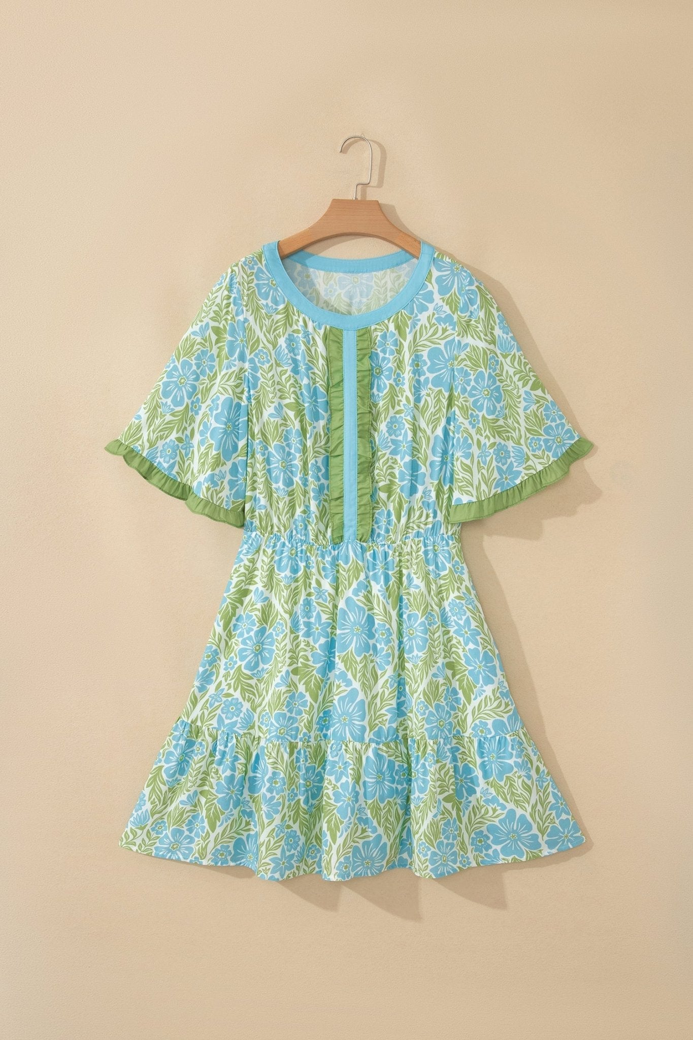 Sky Blue Floral Print High Waist Ruffle Short Sleeve Mini Dress - Loving It Shop