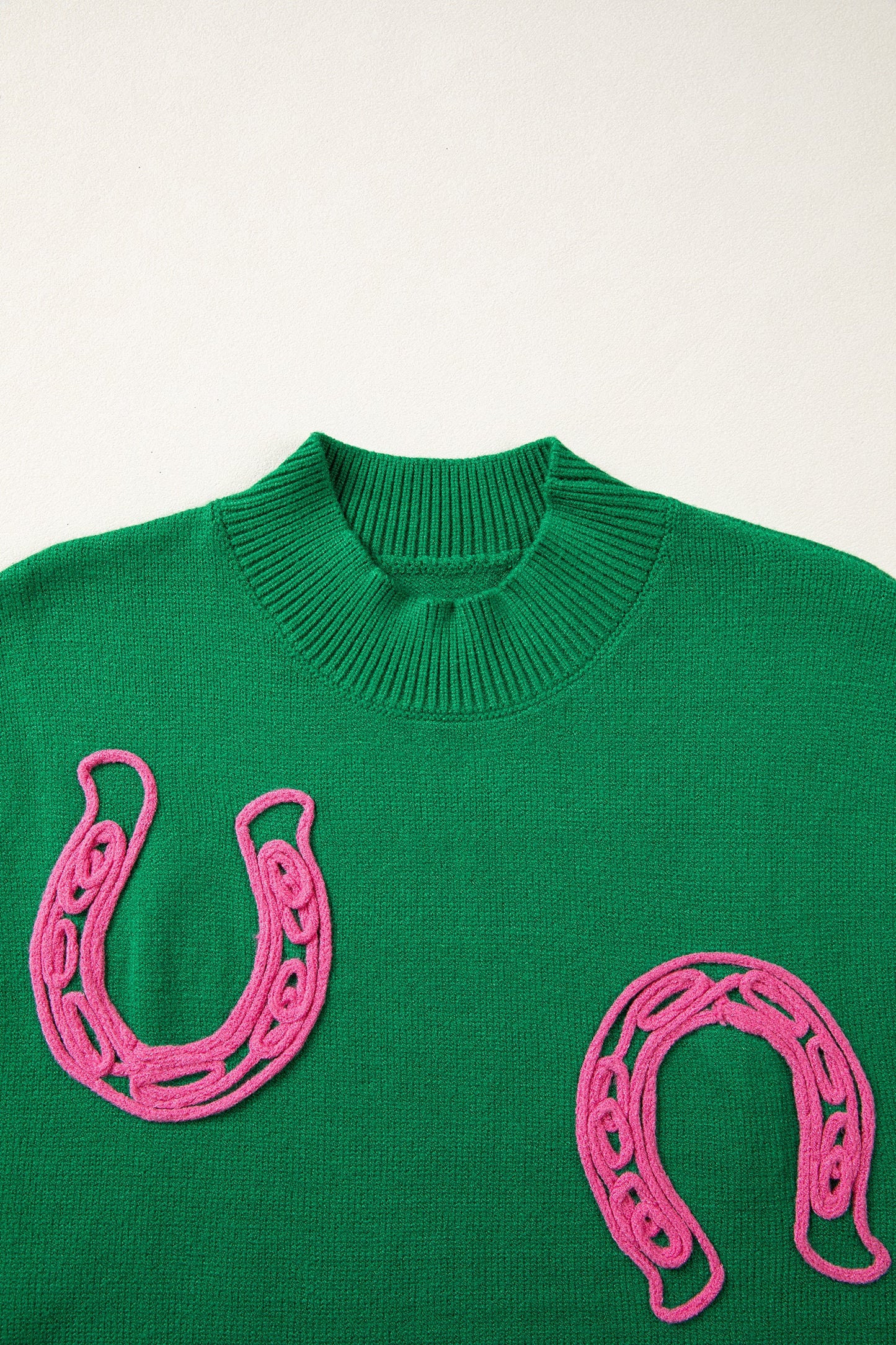 Bright Green Corded Horseshoes Ribbed Trim Mock Neck Short Sleeve Sweater