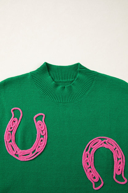 Bright Green Corded Horseshoes Ribbed Trim Mock Neck Short Sleeve Sweater