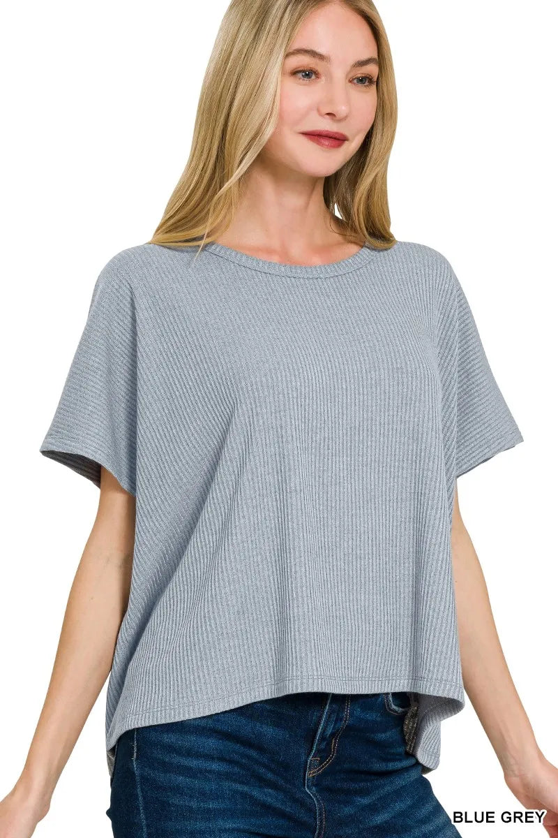 Ribbed Round-Neck Short-Sleeve Knit Top