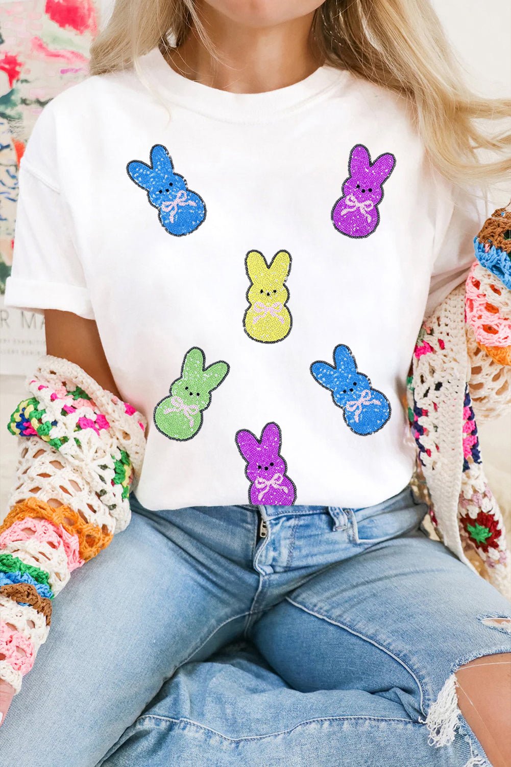 White Sequin Bow Bunny Doll Patched Easter Graphic Tee - Loving It Shop