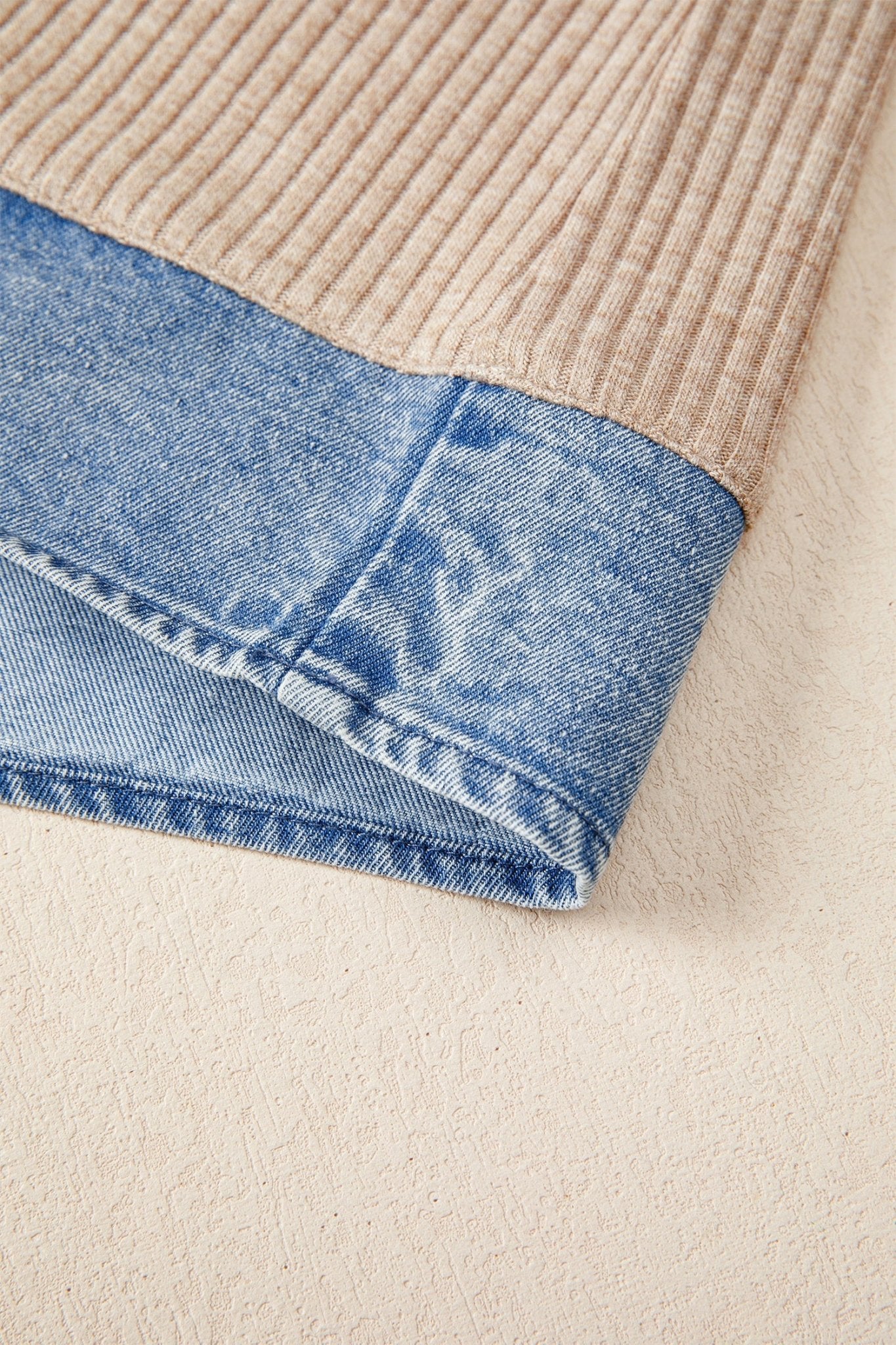 Beige Ribbed Knit Denim Color Block Patchwork Button Detail Collared Blouse - Loving It Shop