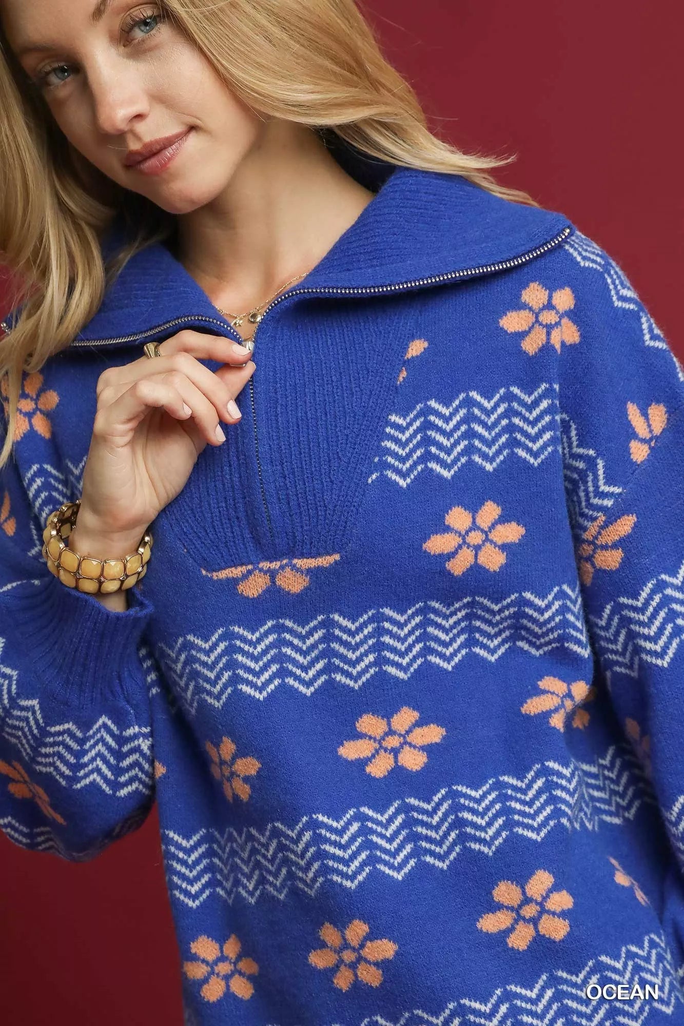 Floral Patterned Jacquard Quarter-Zip Pullover Sweater