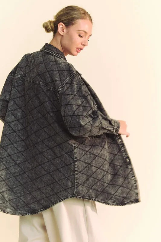 Davi &amp; Dani Curved Hem Diamond Quilted Button Up Denim Shacket