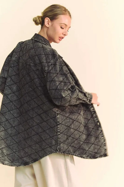 Davi &amp; Dani Curved Hem Diamond Quilted Button Up Denim Shacket