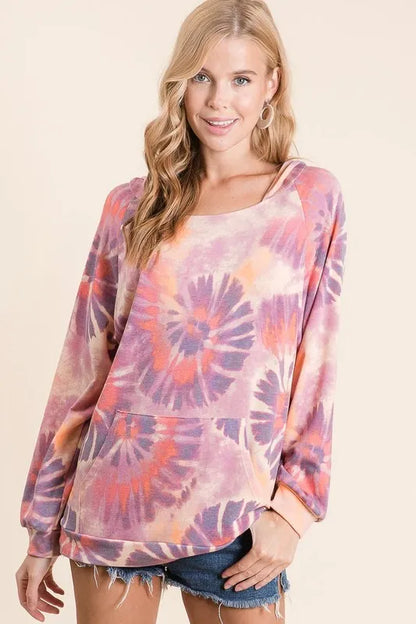 Circular Tie Dye Print Terry Hoodie with Kangaroo